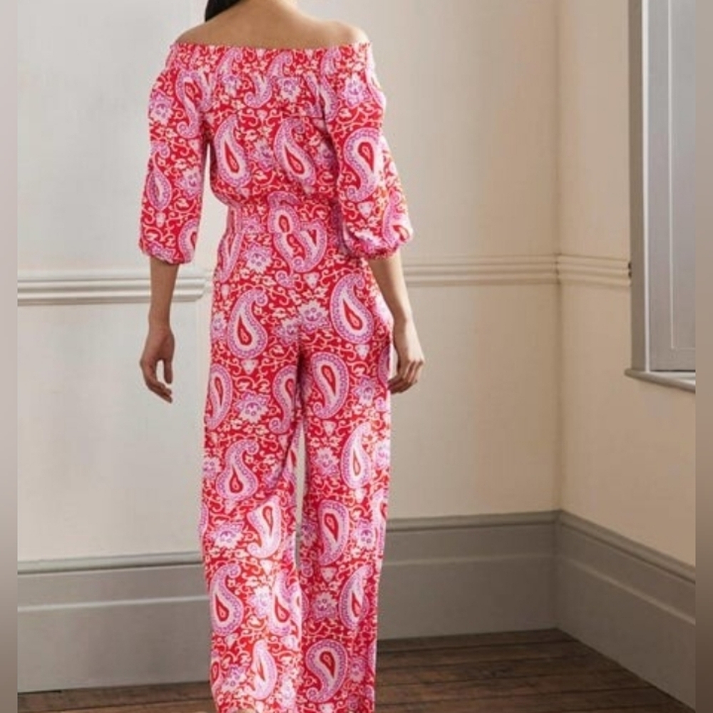 Boden Paisley Off-Shoulder Jumpsuit - Red and White Sz 8 - Picture 2 of 16